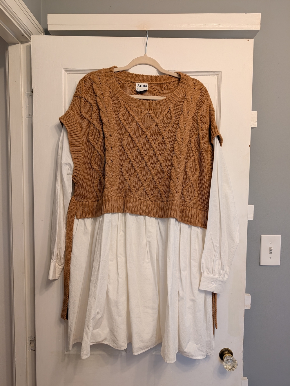 ARULA Tan Cable Knit Layered Long Sleeve Dress
